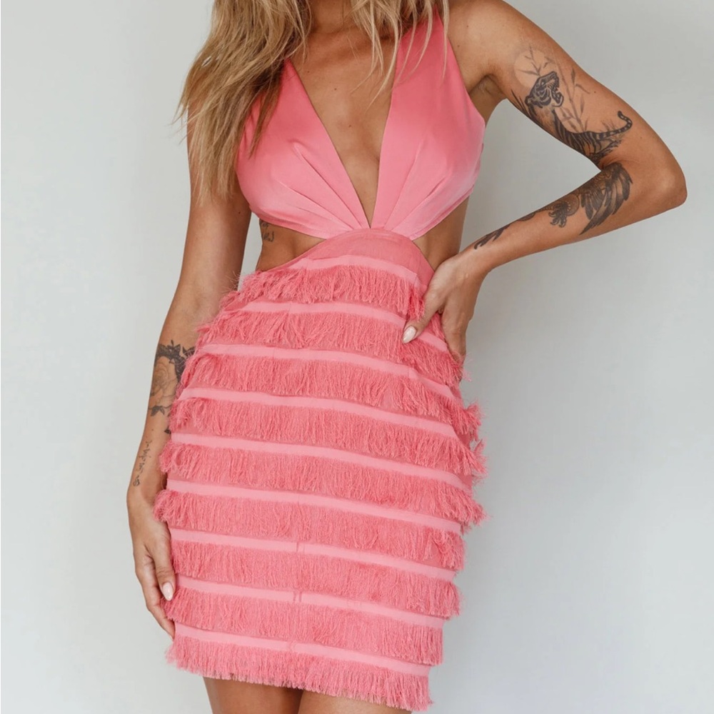 Selfie Leslie fringe cutout Barbie flamingo pink mini dress